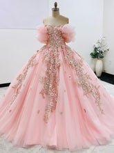 Off-Shoulder Ball Gown with Puff Sleeves Floral Appliques & Beaded Details Pink Tulle Quinceanera Dress for Sweet 16