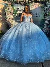 Sky Blue Ball Gown Off-Shoulder Sweetheart Corset with Floral Lace Appliques & Tulle Skirt for Quinceanera Sweet 16 or Princess Party