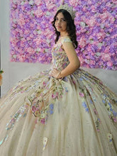Off-Shoulder Ball Gown with 3D Floral Applique & Beaded Tulle Perfect for Quinceanera & Sweet 16 Celebrations