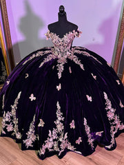 Luxury Dark Purple Velvet Quinceanera Dress Off-Shoulder Ball Gown with Gold Beaded Flowers & Butterfly Appliques for Sweet 16