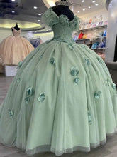 Exquisite Mint Green Ball Gown Off-Shoulder Beaded Tulle Quinceanera Dress with 3D Floral Appliques for Sweet 16