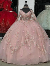 Ball Gown Off-Shoulder Long Sleeve 3D Floral Lace Applique Beaded Pink Tulle Quinceanera Dress Princess Evening Gown for Sweet 16 & Special Occasions