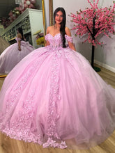 Pink Tulle Ball Gown Off-Shoulder Sweetheart Neckline with Lace Appliques & Bow Detail for Quinceanera Sweet 16 and Evening Parties