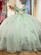Mint Green Ball Gown V-Neck Lace Applique Beaded Bow Quinceanera & Sweet 16 Party Dress