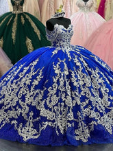 Royal Blue Ball Gown Off-Shoulder Lace Applique Beaded Tulle Quinceanera Dress for Prom Sweet 16 & Formal Events