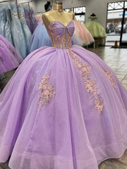 Lilac Tulle Quinceanera Dress Strapless Ball Gown with Lace Appliques & Sweep Train for Sweet 16