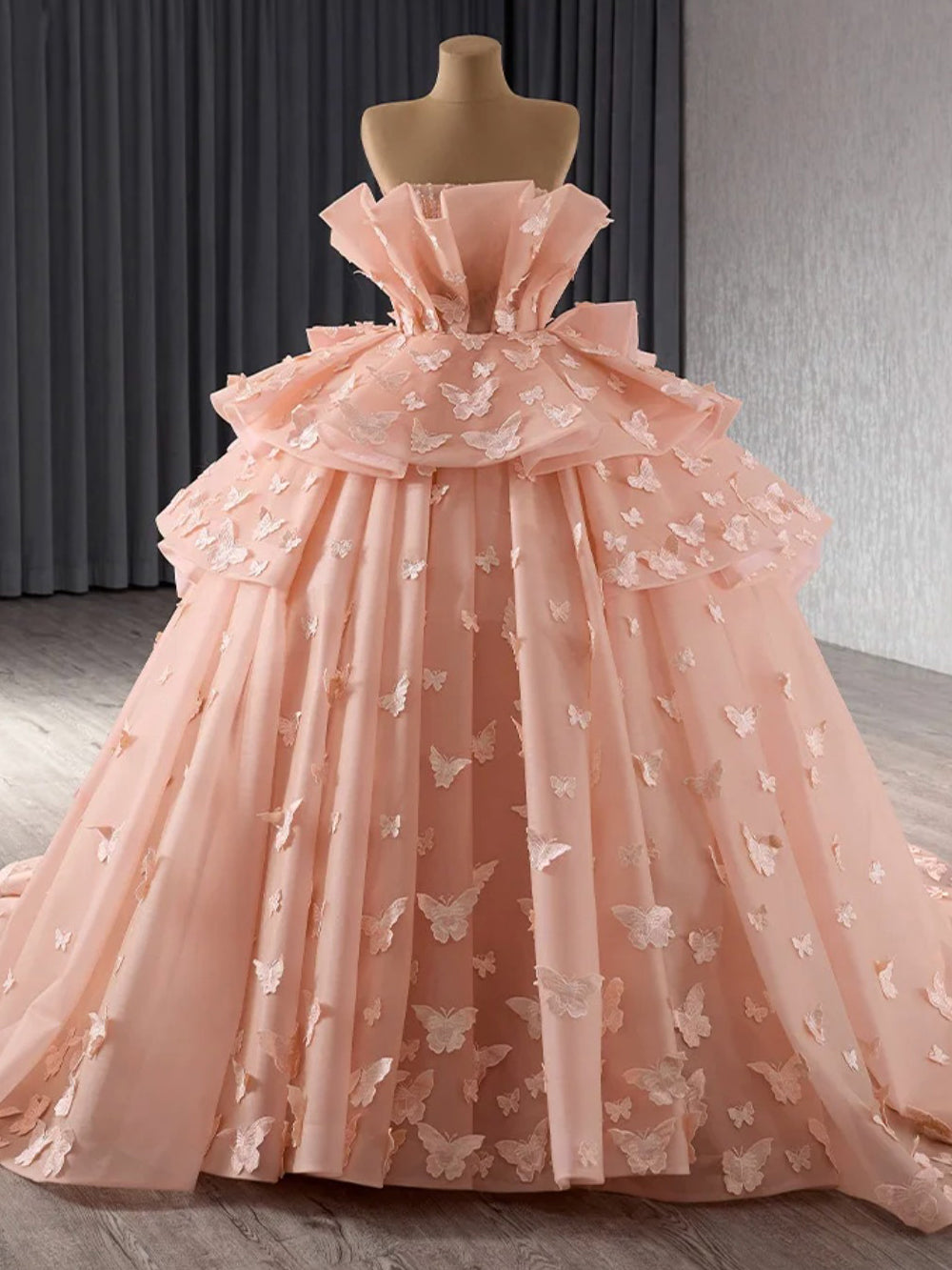 Strapless Ball Gown with 3D Butterfly Appliques Tiered Pink Tulle Quinceanera & Sweet 16 Party Dress