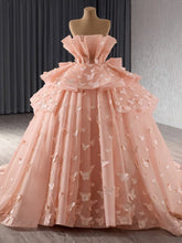 Strapless Ball Gown with 3D Butterfly Appliques Tiered Pink Tulle Quinceanera & Sweet 16 Party Dress