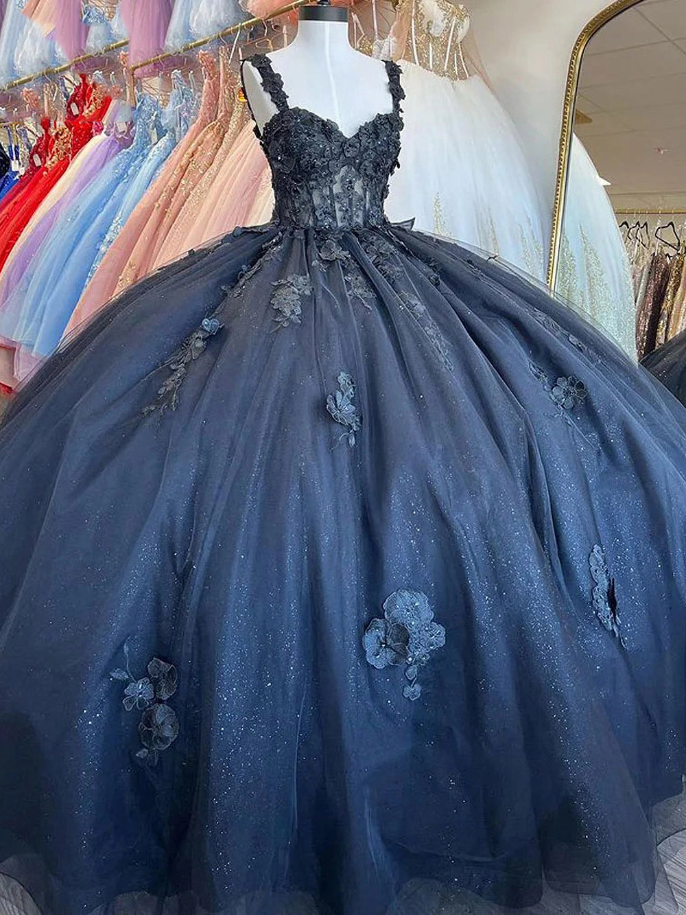 Exquisite Navy Blue Ball Gown Sweetheart Neckline with 3D Floral Appliques & Beaded Details for Quinceanera Sweet 16 or Princess-Themed Celebrations