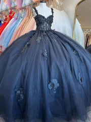 Exquisite Navy Blue Ball Gown Sweetheart Neckline with 3D Floral Appliques & Beaded Details for Quinceanera Sweet 16 or Princess-Themed Celebrations