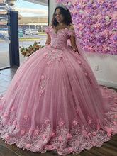 Off-Shoulder Ball Gown with 3D Floral Lace Appliques & Beaded Details Pink Tulle Quinceanera Dress for Sweet 16 & Birthday Celebrations