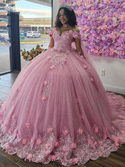 Off-Shoulder Ball Gown with 3D Floral Lace Appliques & Beaded Details Pink Tulle Quinceanera Dress for Sweet 16 & Birthday Celebrations