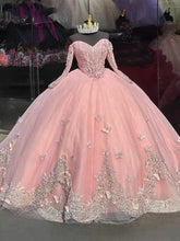Ball Gown with Off-Shoulder Long Sleeves & 3D Butterfly Appliques Pink Tulle Quinceanera Dress for Sweet 16