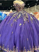 Off-Shoulder Ball Gown with 3D Floral Lace Appliques & Beaded Purple Tulle Perfect for Quinceanera Sweet 16 or Birthday Princess
