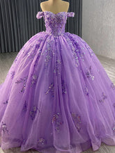 Off-Shoulder Purple Tulle Quinceanera Dress with 3D Flower Lace & Beaded Details Perfect for Sweet 16 & Evening Galas