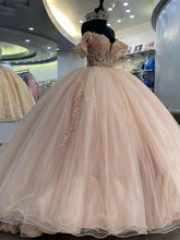 Blush Pink Quinceanera Dress Off-Shoulder Lace Applique Ball Gown with Beaded Details & Sweep Train