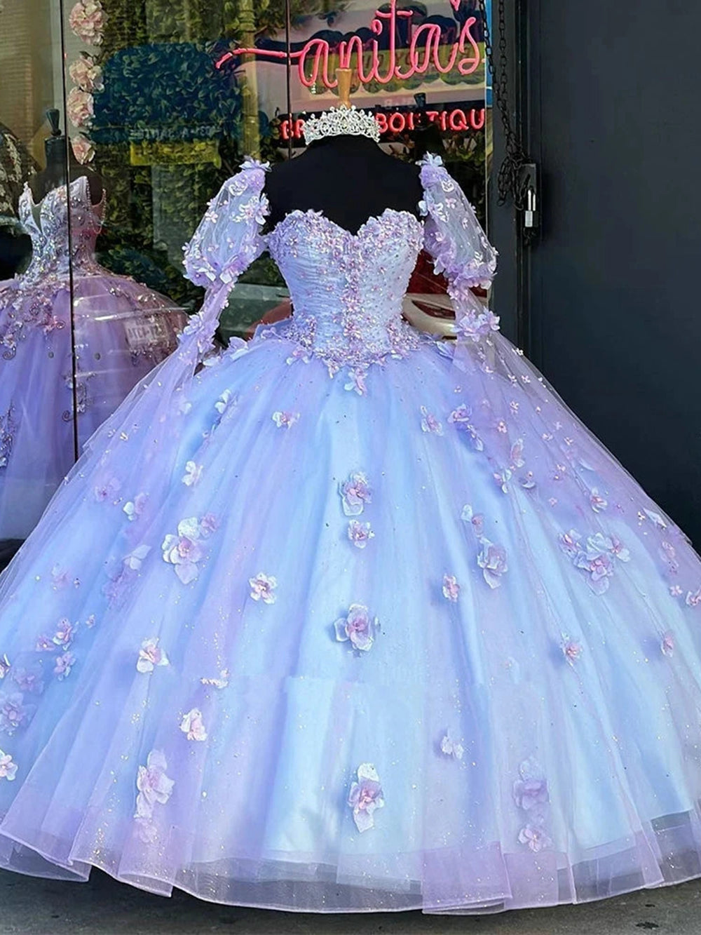 Lavender Princess Ball Gown Sweetheart Neckline with Detachable Sleeves & 3D Floral Appliques for Quinceanera & Sweet 16