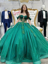 Emerald Green Quinceanera Dress Off-Shoulder Ball Gown with Floral Lace Appliques & Beaded Corset for Sweet 16