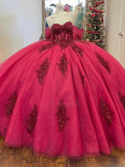 Ball Gown with Sweetheart Neckline Lace Appliques & Beaded Hot Pink Tulle Quinceanera Dress for Princess Parties & Sweet 16 Celebrations