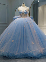 Sky Blue Ball Gown Sweetheart Neckline with 3D Butterfly Lace & Beaded Tulle for Quinceanera Sweet 16 or Princess Birthday Party