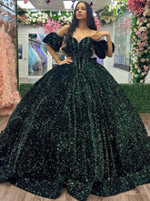 Emerald Green Off-Shoulder Ball Gown Sparkling Tulle Quinceanera Dress with Puff Sleeves for Sweet 16 & Princess Evening Galas