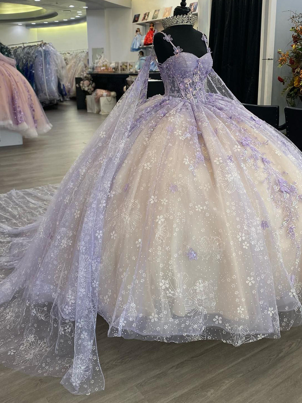 Lavender Champagne Ball Gown Sweetheart Neckline with Floral Lace Appliques & Tulle Skirt for Quinceanera Prom or Sweet 16