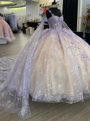 Lavender Champagne Ball Gown Sweetheart Neckline with Floral Lace Appliques & Tulle Skirt for Quinceanera Prom or Sweet 16
