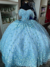Sky Blue Ball Gown Off-Shoulder 3D Floral Applique Feather Tulle Quinceanera Dress for Sweet 16 & Princess Birthday Parties