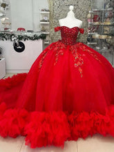 Off-Shoulder Ball Gown Beaded Lace Appliques & Ruffled Red Tulle Quinceanera Dress for Sweet 16 & Birthday Galas