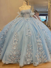 Sky Blue Quinceanera Dress Off-Shoulder Ball Gown with 3D Floral Lace & Beaded Detailing for Sweet 16 & Birthday Celebrations