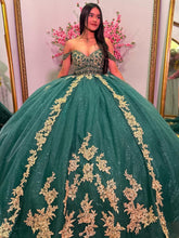Exquisite Emerald Green Ball Gown Off-Shoulder Gold Appliques Tulle Princess Dress for Quinceanera Sweet 16 & Birthday Parties