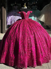 Off-Shoulder Ball Gown Sweetheart Neckline Hot Pink Tulle Quinceanera Dress for Princess Evening & Sweet 16 Parties