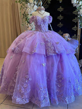 Off-Shoulder Ball Gown Tiered Purple Tulle Quinceanera Dress with 3D Butterfly Appliques for Sweet 16