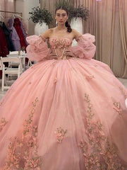 Pink Tulle Quinceanera Dress Sweetheart Neckline Puff Sleeves & 3D Floral Lace Appliques for Sweet 16 & Princess Parties