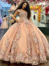 Champagne Ball Gown Off-Shoulder 3D Floral Lace Tulle Quinceanera & Sweet 16 Party Dress