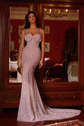 Pink Purple Beadings Gorgeous Formal Dress Split Mermaid Long With Sequins