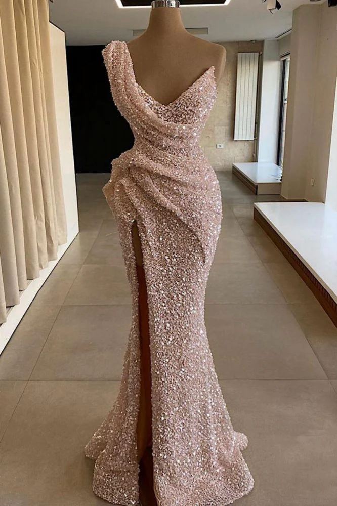 Newinlook Sequins V-Neck One-Shoulder Split Mermaid Elegant Evening Dress
