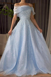 Off the Shoulder Sleeveless Long Formal Dress With Beading Tulle