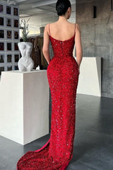 Newinlook Red Spaghetti-Straps Mermaid Evening Dress Split With Sequins