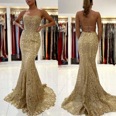 Newinlook Gold Appliques Long Mermaid Evening Dress