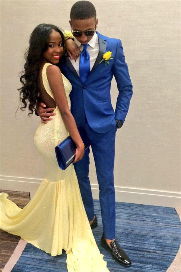 Newinlook Royal Blue Two-Piece Wedding Suit with Black Lapel for Groom