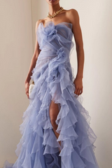 Strapless Sleeveless Long High Split Formal Dress With Pleated