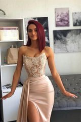 Newinlook Strapless Pink Slit Mermaid Evening Dress With Chic Appliques