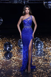 One Shoulder Sleeveless Appliques Front Split Long Formal Dress With Feather