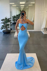 Newinlook Strapless Blue Mermaid Evening Dress With Sleeveless Halter