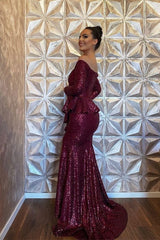 Newinlook Burgundy Sequins Long Sleeves Mermaid Evening Dress With Split