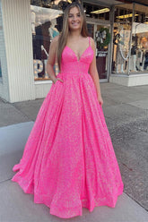Newinlook Hot Pink Sweetheart Sequins Spaghetti Strap Ball Gown Evening Dress With Backless