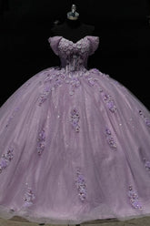 Lilac Ball Gown Off-Shoulder Sparkly Tulle Quinceanera Dress with 3D Floral Appliques for Sweet 16 & Formal Events
