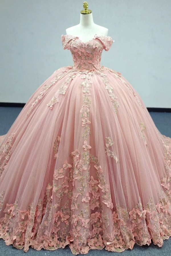 Pink Quinceanera Ball Gown Off-Shoulder 3D Butterflies Applique Tulle Dress for Sweet 16 & Evening Galas