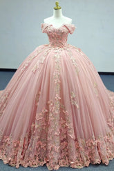 Pink Quinceanera Ball Gown Off-Shoulder 3D Butterflies Applique Tulle Dress for Sweet 16 & Evening Galas